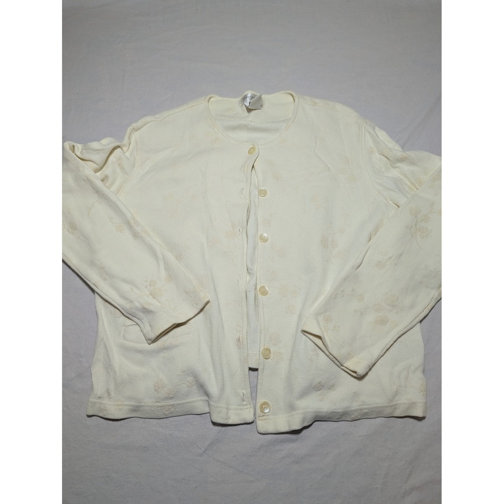 Jones New York Sport Cream Floral Embroidered Cotton Cardigan Sweater Large
